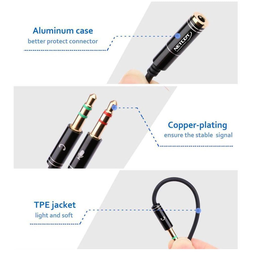 Cable De 2 Plug 3.5mm Estéreo A Jack 3.5mm Trrs - 252-143 Netcom Negro S1176