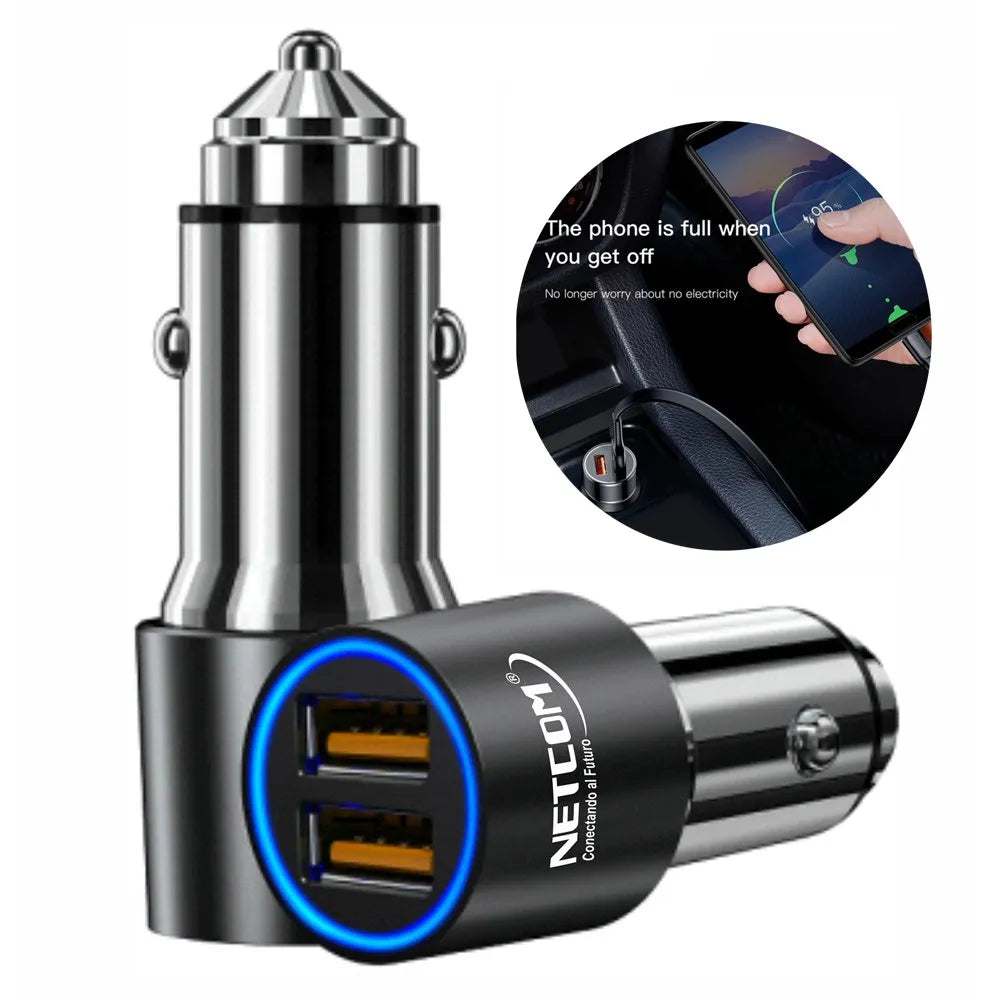 Cargador para Auto NETCOM 2 USB QC 3.0 | 3.4A de Carga Rápida S1686