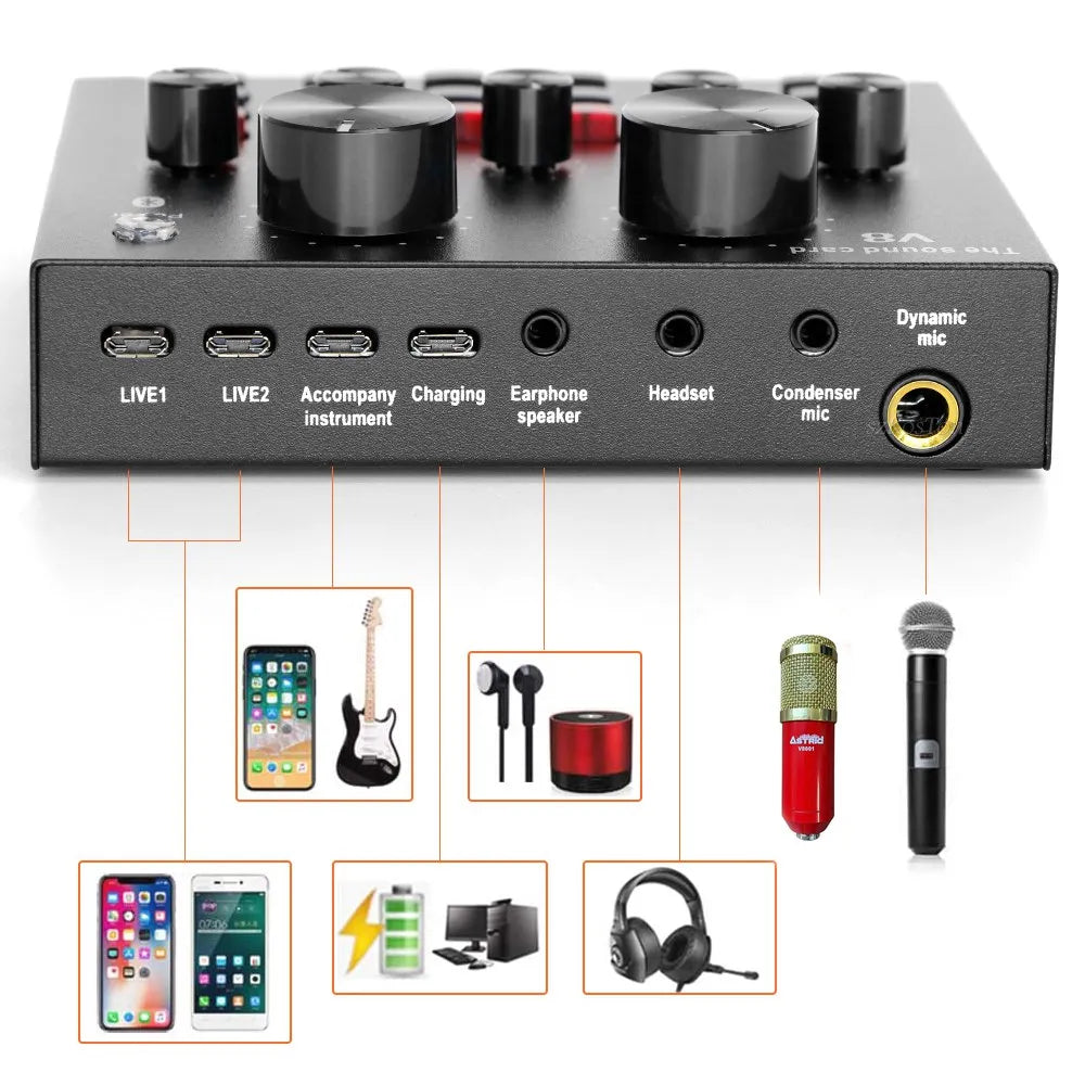 Kit tarjeta de sonido V8 microfono condensador mini tripode maletin S1367
