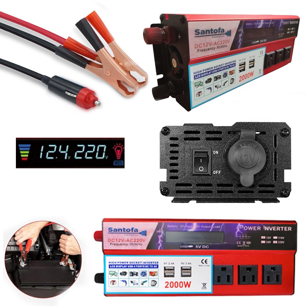 Inversor de Corriente 12v a 220v 2000w pantalla LCD 4 USB 3 Sockets S1315