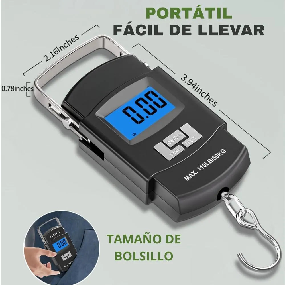Balanza Digital Portátil 50kg Gancho Acero Pantalla LCD Azul Función Tara y Hold para Equipaje y Paquetes s2258