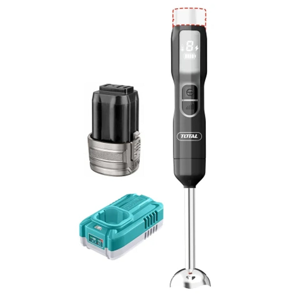 Batidora de Inmersión Inalámbrica TOTAL 16V 100W 5 Velocidades Pantalla LED Eje Acero Inoxidable Batería 2.0Ah y Cargador M16 TJB048K S2315