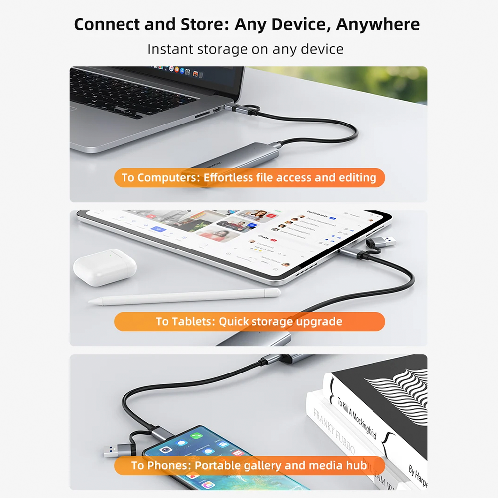 Case Enclosure M.2 NVMe y SATA SSD CABLETIME USB-C 3.1 Gen2 10Gbps de Aluminio Instalación sin Herramientas Cable 2 en 1 RTL9210B S2354