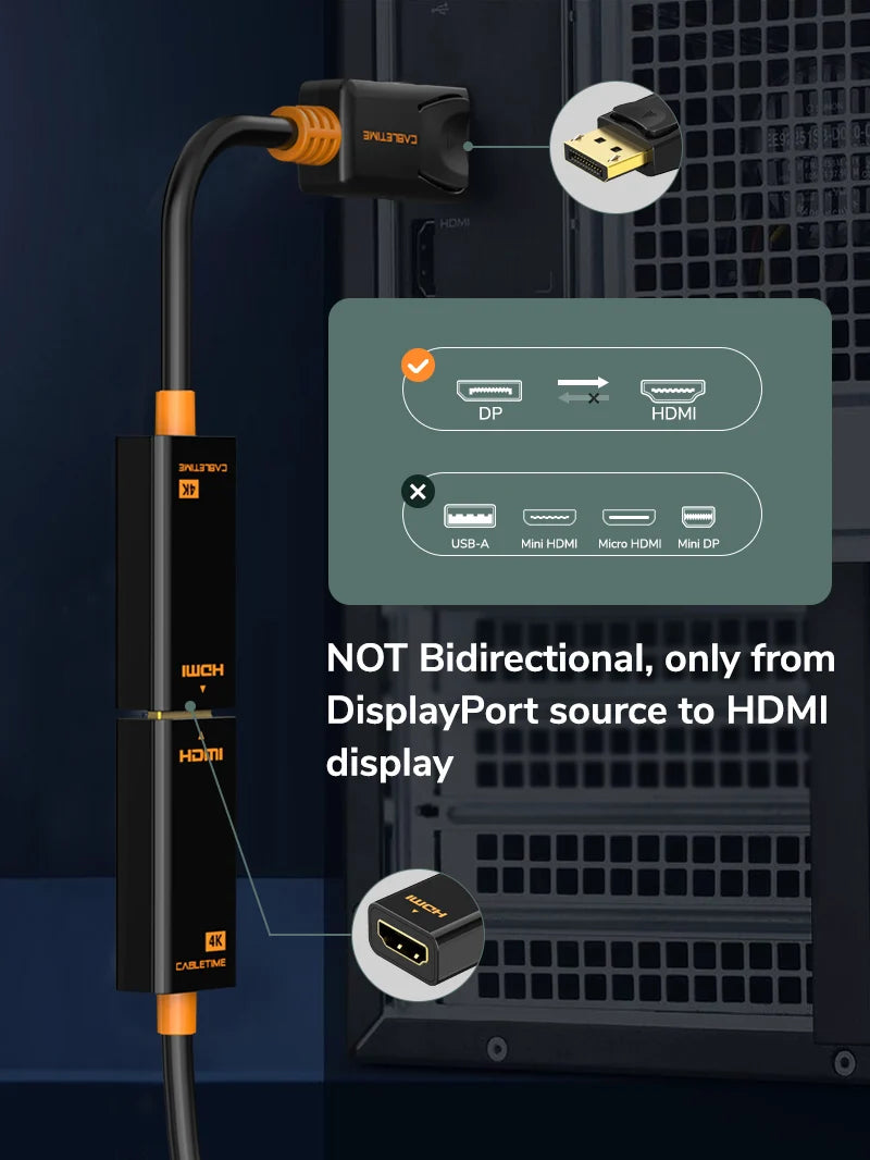 Adaptador DisplayPort a HDMI CABLETIME 4K 30Hz Seguro Latch Bañado en Oro PVC Negro/Naranja CP21B S2276