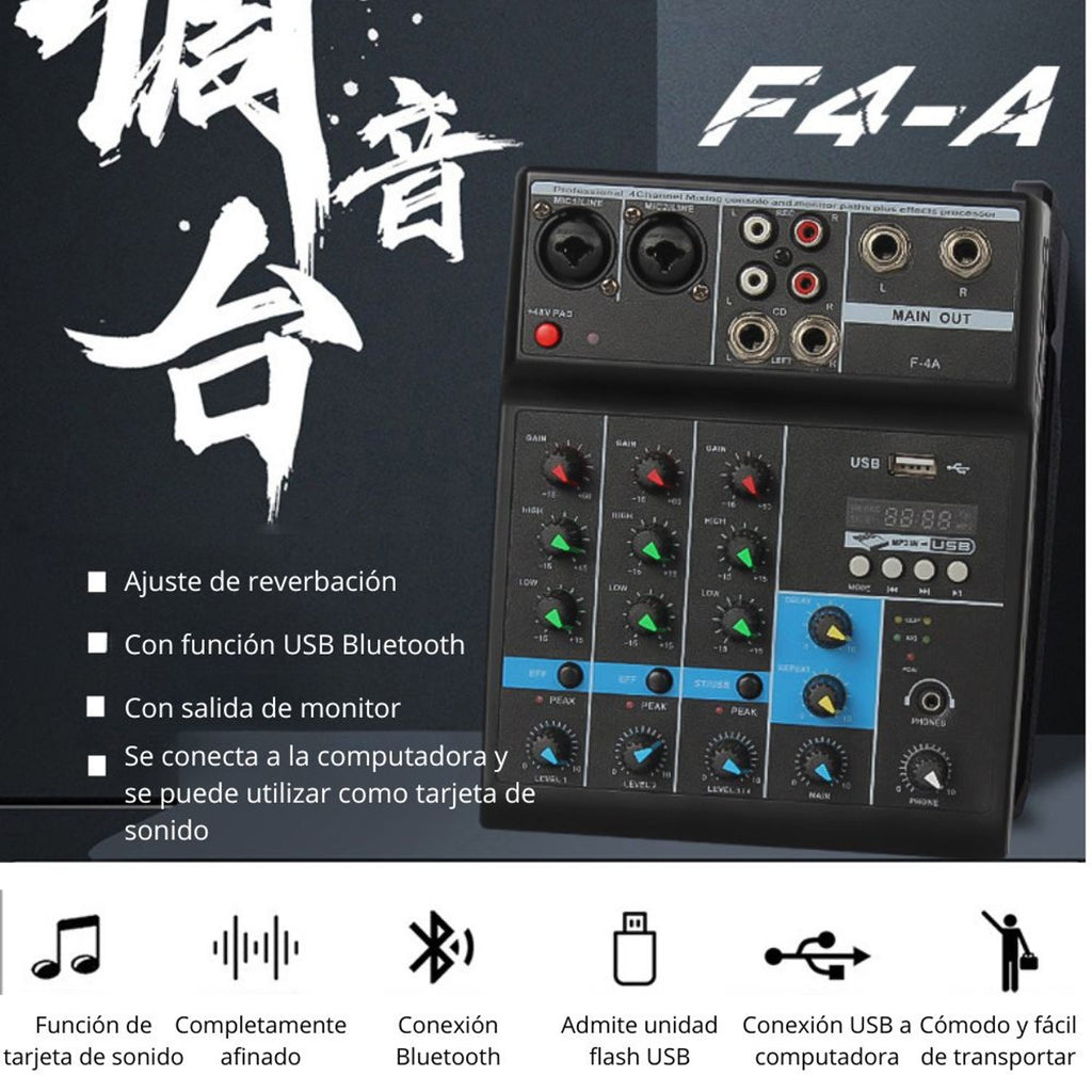 Consola Mezcladora de Audio Profesional 4 Canales Bluetooth USB Phantom +48V Tarjeta de Sonido F-4A s2256
