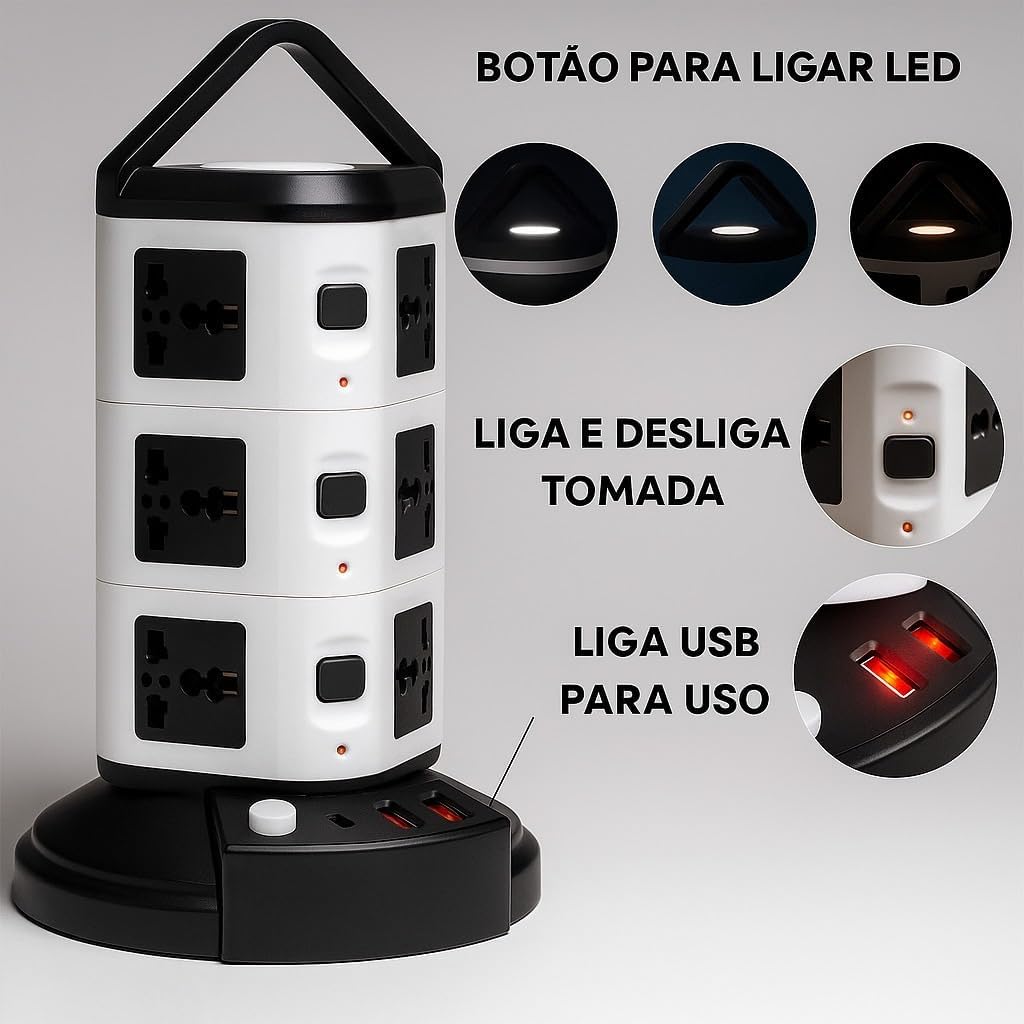 Torre de Tomadas Vertical / Extensión Eléctrica Inteligente de 12 Salidas y 3 Puertos USB de 2500W (2 Metros) S2162