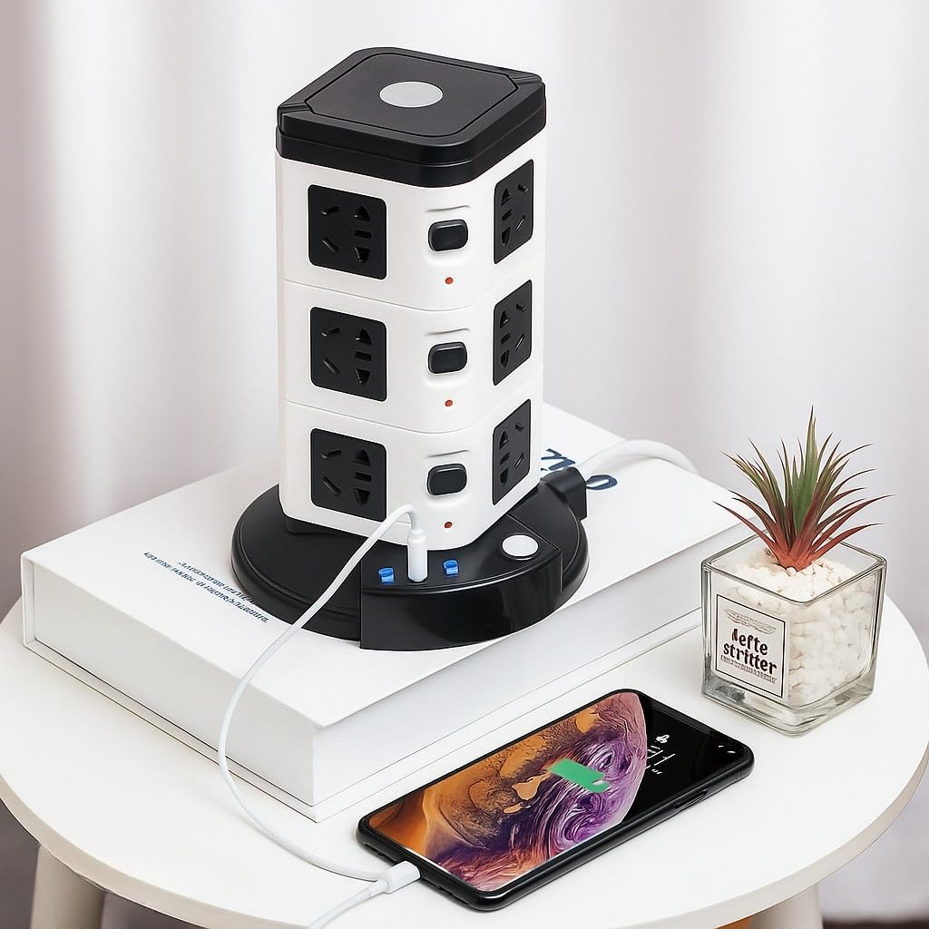 Torre de Tomadas Vertical / Extensión Eléctrica Inteligente de 12 Salidas y 3 Puertos USB de 2500W (2 Metros) S2162