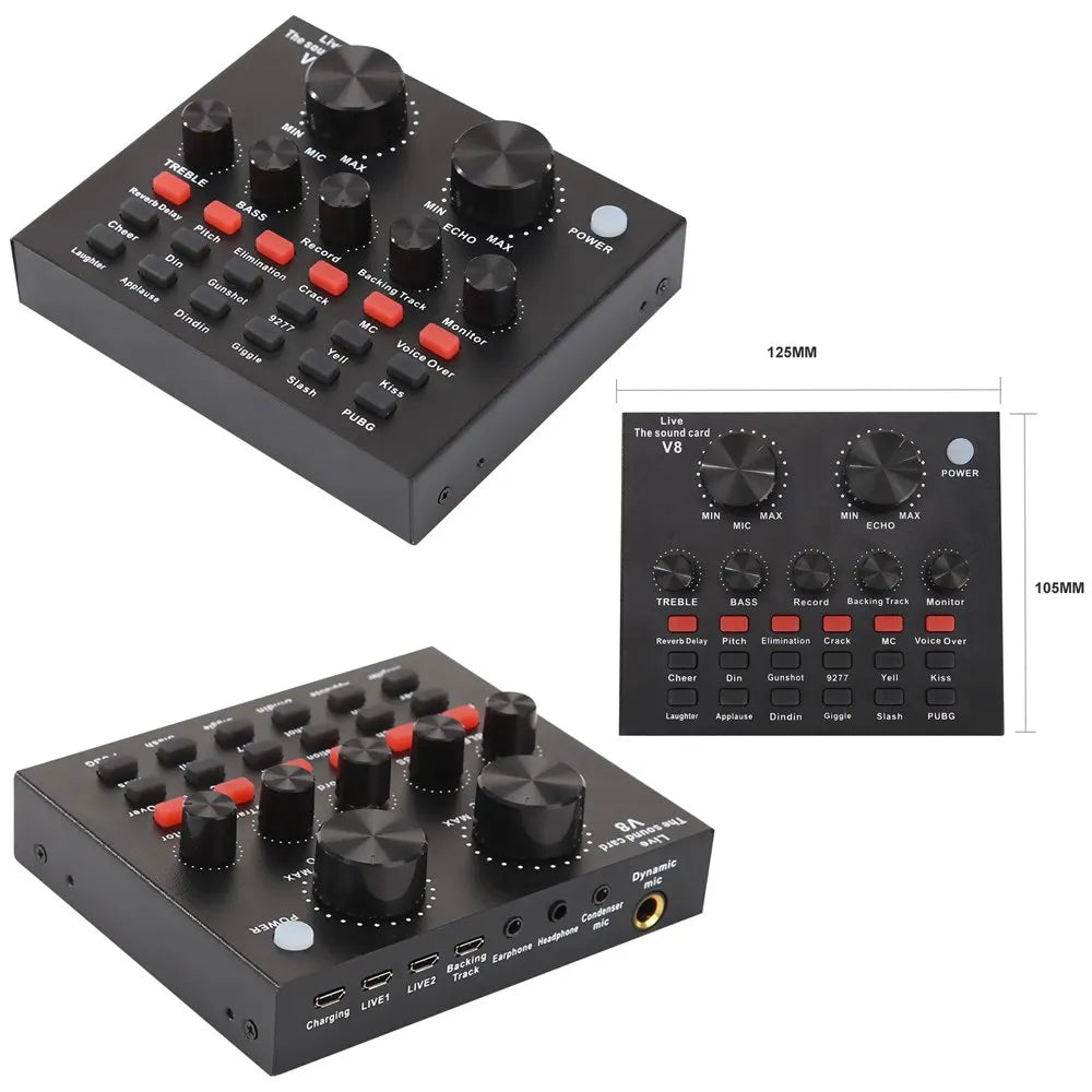 Kit tarjeta de sonido V8 microfono condensador mini tripode maletin S1367