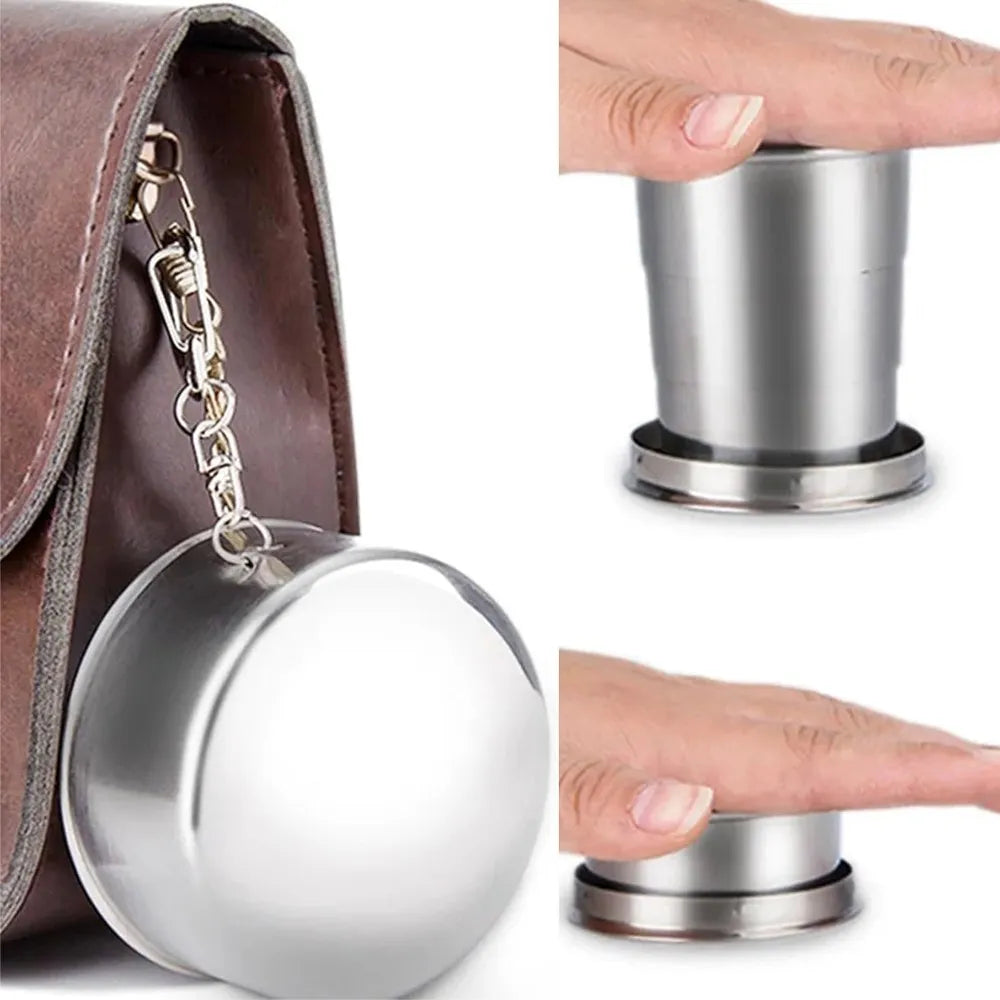 3 Vaso Plegable de Acero Inoxidable 8cm con Llavero Reutilizable 140ml S1802