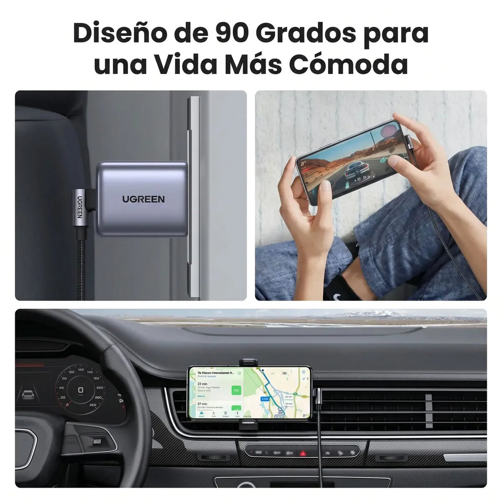 Cable USB-C a USB-C Ugreen Tipo L 90° Carga Rápida 240W PD 3.1 Trenzado 1M S2210