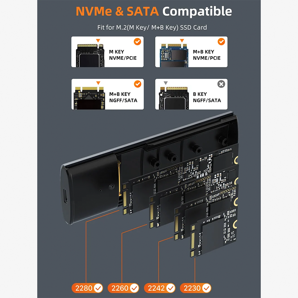 Case Enclosure M.2 NVMe y SATA SSD CABLETIME USB-C 3.1 Gen2 10Gbps de Aluminio Instalación sin Herramientas Cable 2 en 1 RTL9210B S2354