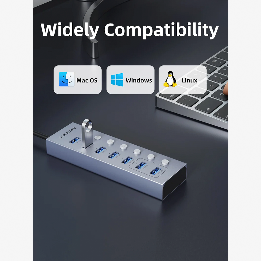 Hub USB 3.0 de 7 Puertos CABLETIME con Interruptores Individuales LED Cable Largo de 1 Metro Alimentación Auxiliar USB-C 5V y Doble Chip GL3510 para PC y Laptop S2361