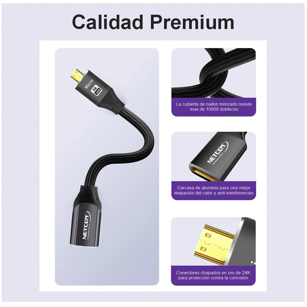 Cable adaptador convertidor Micro HDMI a HDMI Hembra 8K 60Hz NETCOM 4K 120Hz Alta Velocidad 48Gbps S2059