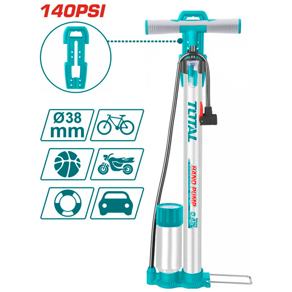 Inflador Manual de Pie TOTAL 38x500mm con Tanque y Manómetro 50mm Bar/PSI Cabezal Multiválvula TMPP3811 S2324