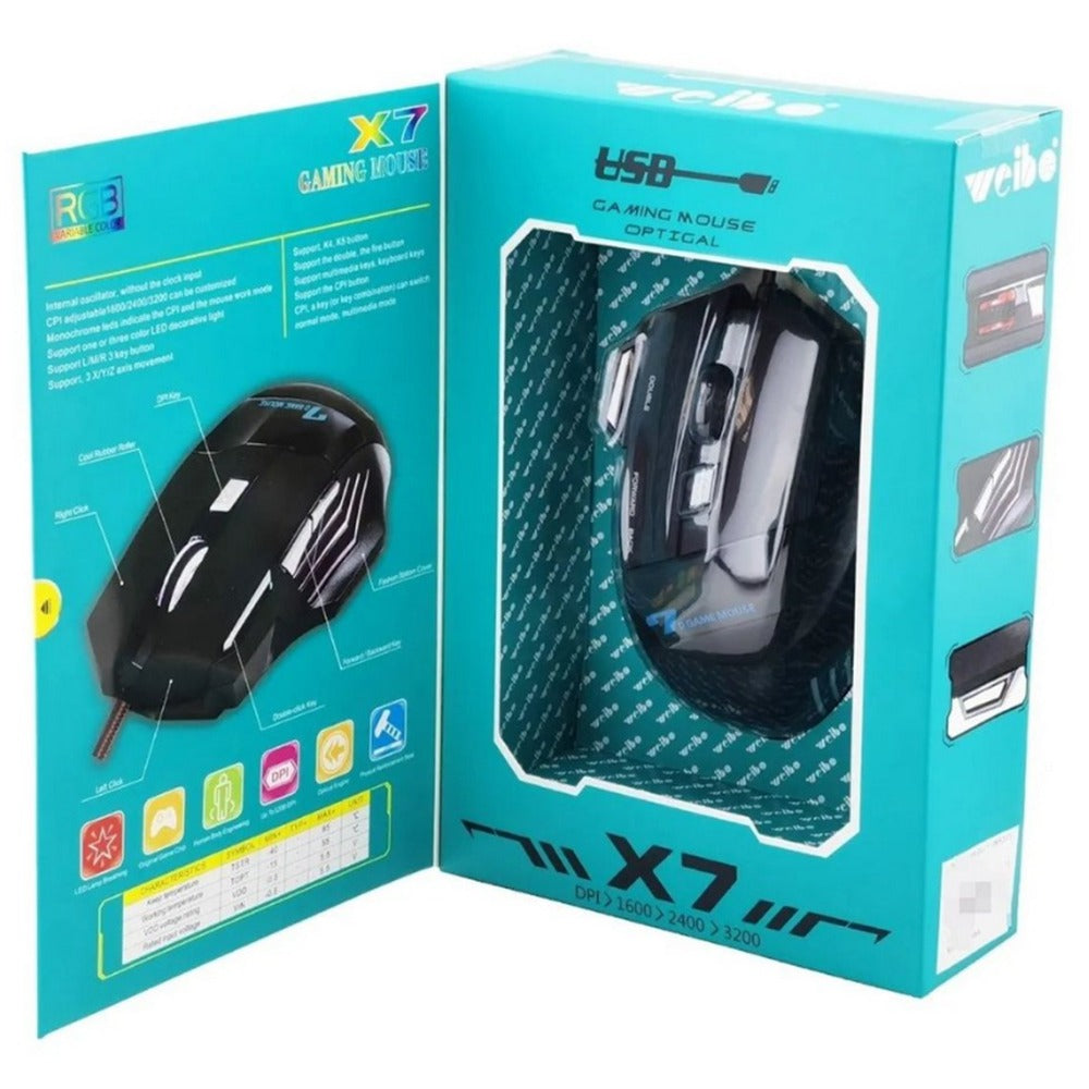 Mouse Gamer Weibo X7 RGB Iluminacion Led 3200 Dpi Cable 1.8m S0733