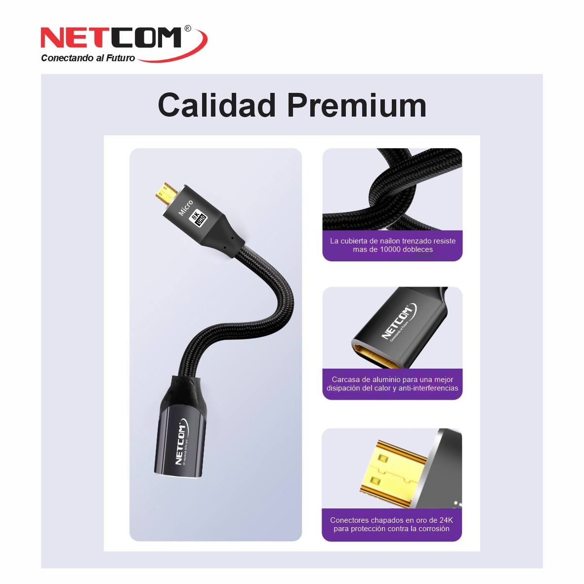 Cable adaptador convertidor Mini HDMI a HDMI Hembra 8K 60Hz NETCOM 4K 120Hz Alta Velocidad 48Gbps S2060