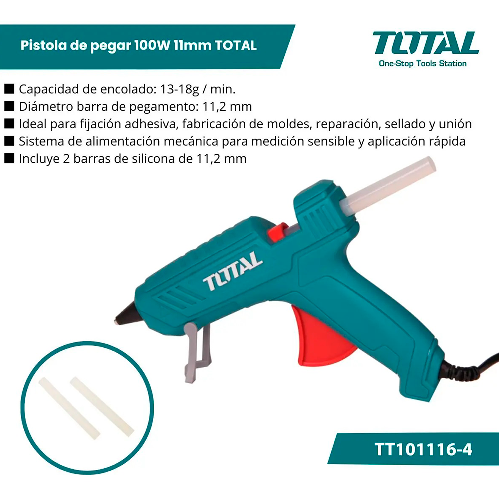 Pistola de Silicona Caliente TOTAL 150W 220V para Barras de 11mm con Boquilla Antigoteo y 2 Barras TT101116 S2322