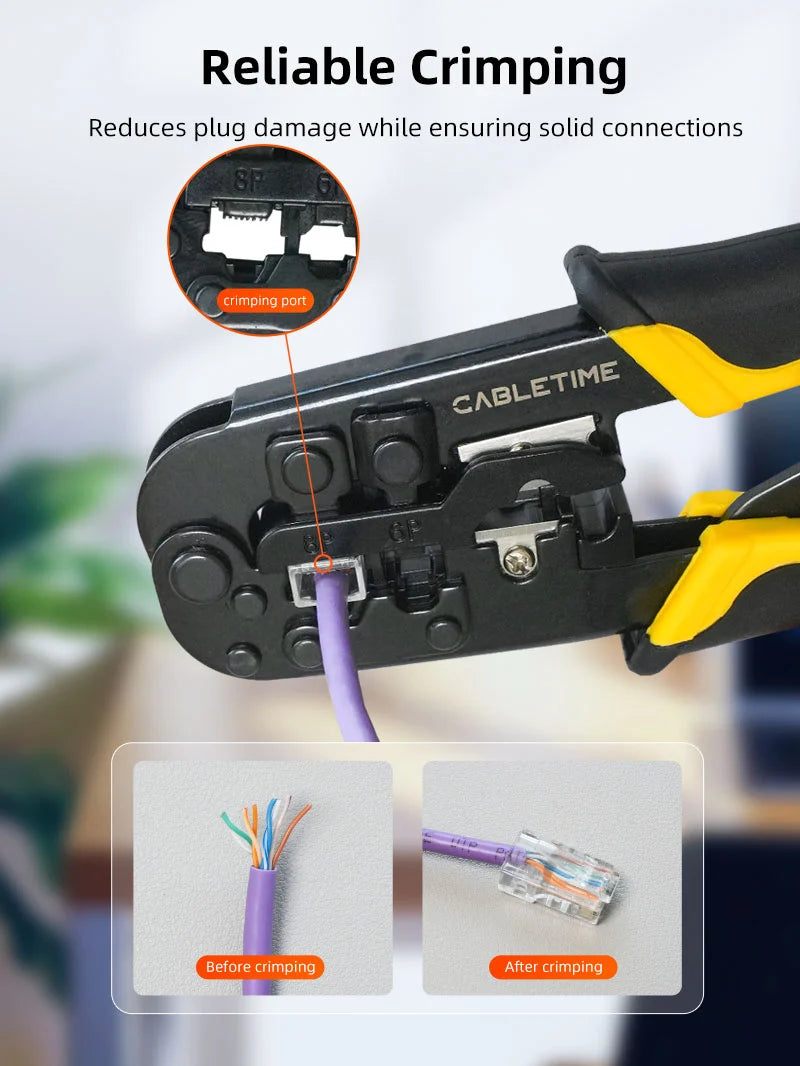 Alicate Crimpador Ponchadora 3 en 1 CABLETIME RJ45 Cat5 Cat6 RJ11 8P 6P 4P Acero al Carbono CNT1C s2273