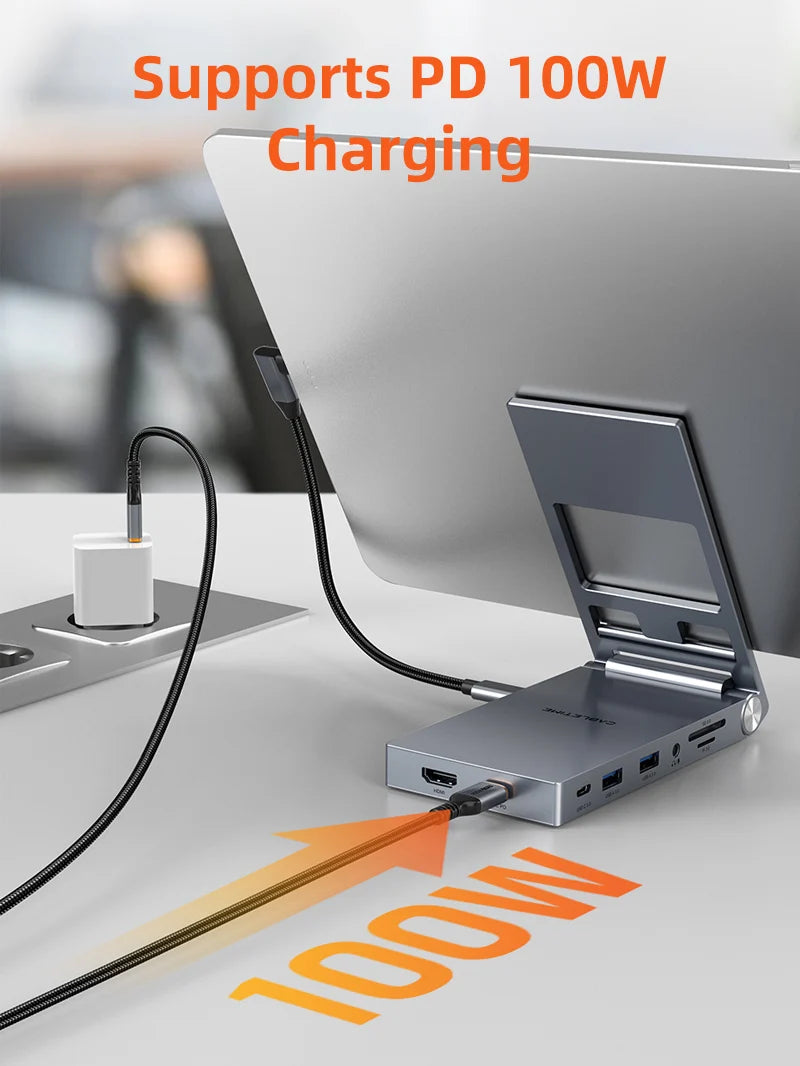 Hub USB-C 8 en 1 y Soporte Plegable CABLETIME 4K 60Hz PD 100W SD/TF 3.5mm Aluminio iPad Pro Switch s2279