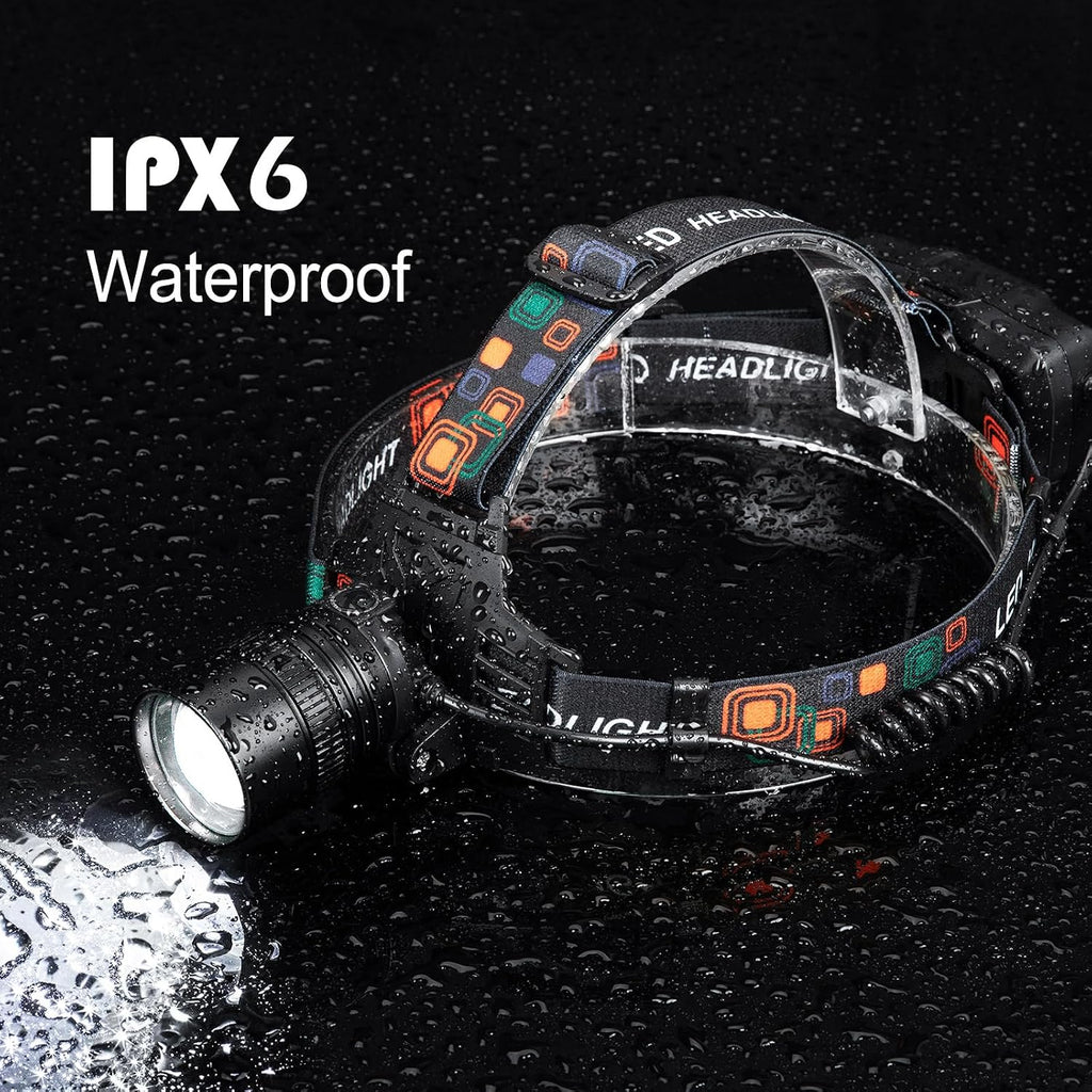 Linterna Frontal LED Recargable SKNSL 99000 Lúmenes Zoom Ajustable 90° IPX6 Batería 45H s2243