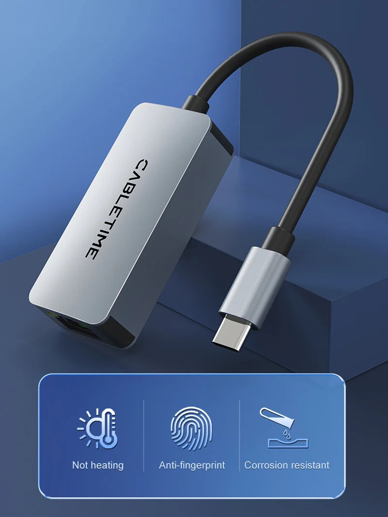 Adaptador USB-C a Red Ethernet RJ45 2.5G CABLETIME 2500Mbps Aluminio Plug & Play MacBook PC s2264