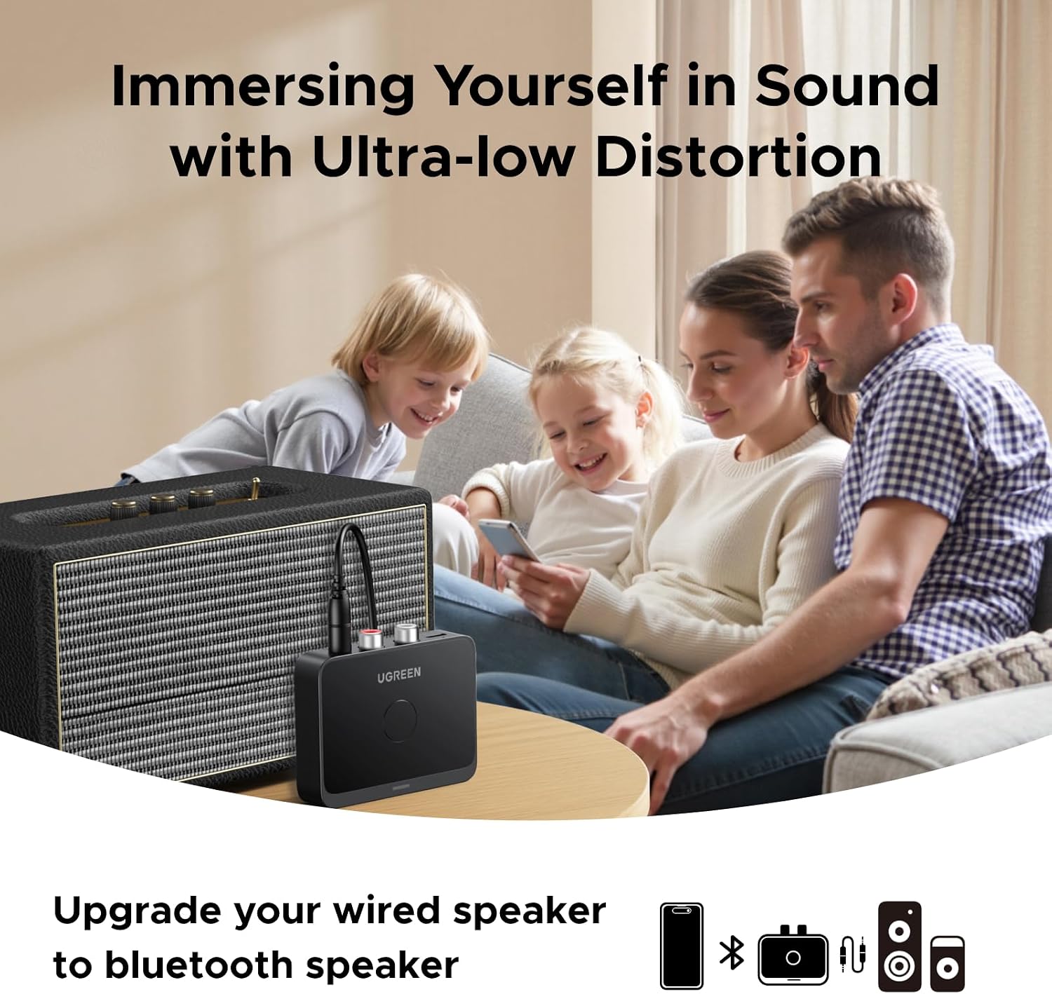 Receptor de Audio Bluetooth 6.0 Ugreen con LDAC Hi-Res Audio Salida RCA y 3.5mm Batería 15H S2212