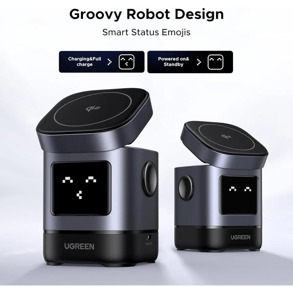 Estación de Carga Inalámbrica 2 en 1 UGREEN Uno 15W Qi2 MagSafe Pantalla Robot Ajustable 70° S2292