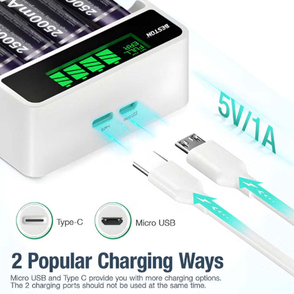 Kit Cargador Inteligente de Pilas + 2 AA y 2 AAA Ni-MH con Pantalla LCD 4 puestos S2004