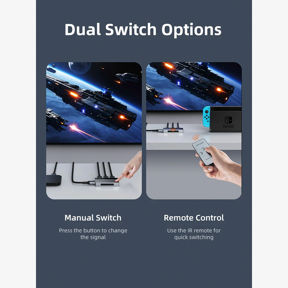 Switch Conmutador HDMI 3 en 1 4K 60Hz CABLETIME de Aluminio con Control Remoto Receptor IR y Botón Manual para PS5 Xbox TV Box y PC S2353