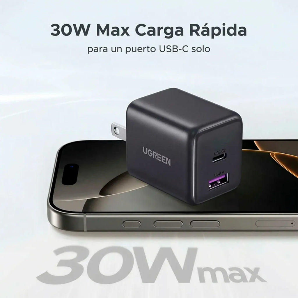 Cargador de Pared UGREEN 30W GaN USB-C y USB-A PD 3.0 QC 4.0 Carga Rápida Dual S2287