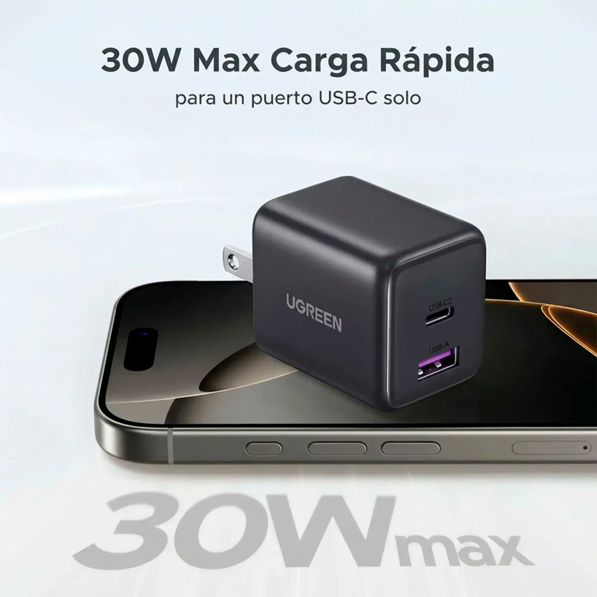 Cargador de Pared UGREEN 30W GaN USB-C y USB-A PD 3.0 QC 4.0 Carga Rápida Dual S2287