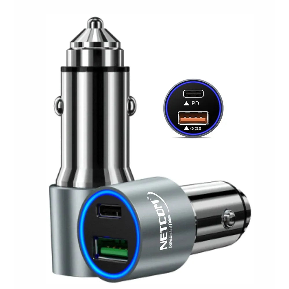 Cargador para Auto 1 USB QC3.0 1 TIPO C NETCOM 3.4A 12V 24V C Rápida S1687