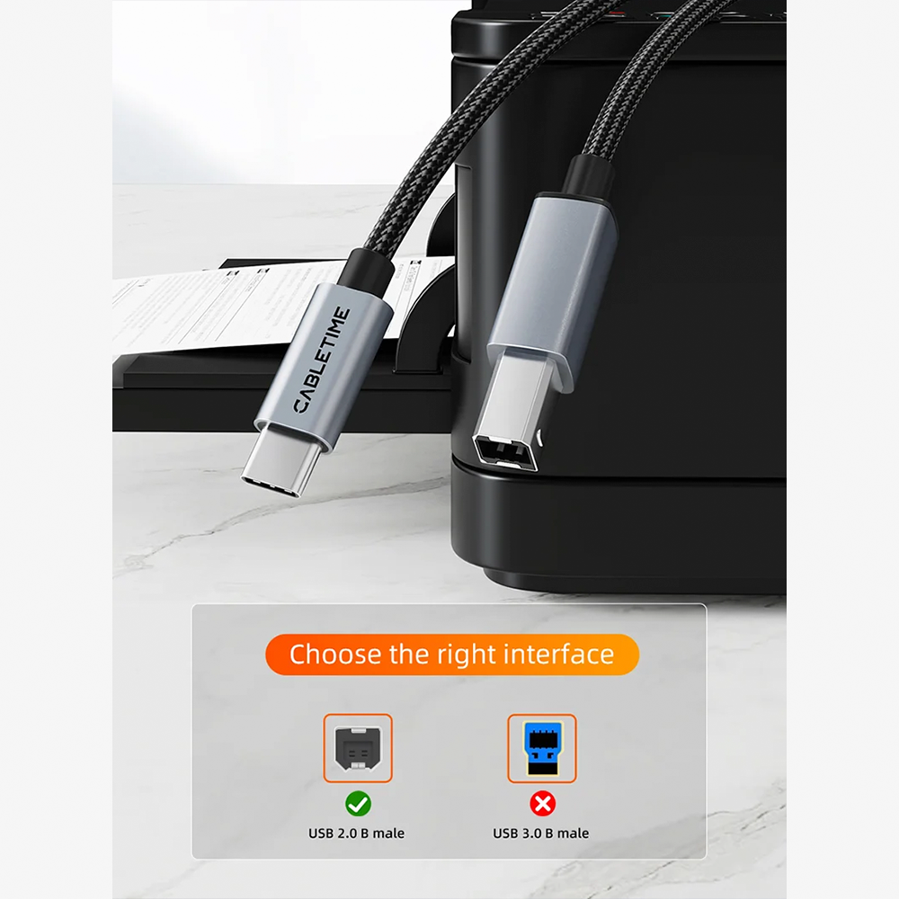 Cable USB-C a USB-B 2.0 para Impresora y MIDI CABLETIME 2 metros 480Mbps de Aluminio y Malla Trenzada para MacBook iPad Pro Impresoras HP Canon Epson Pianos Digitales y Controladores S2366