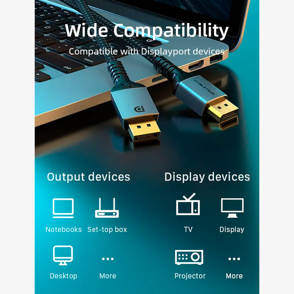 Cable DisplayPort a DisplayPort 1.4 CABLETIME 2 Metros 8K 60Hz 4K 120Hz HDR Conectores Chapados en Oro 24K Carcasa de Aluminio y Malla Trenzada para Monitor Gamer y PC S2350