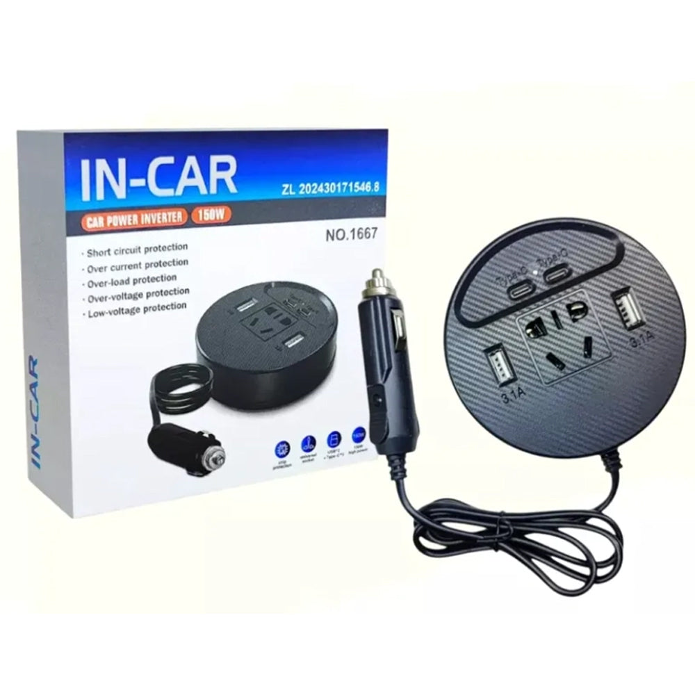 Inversor de Corriente para Auto 150W (12V a 220V) con USB y Tipo-C s2080