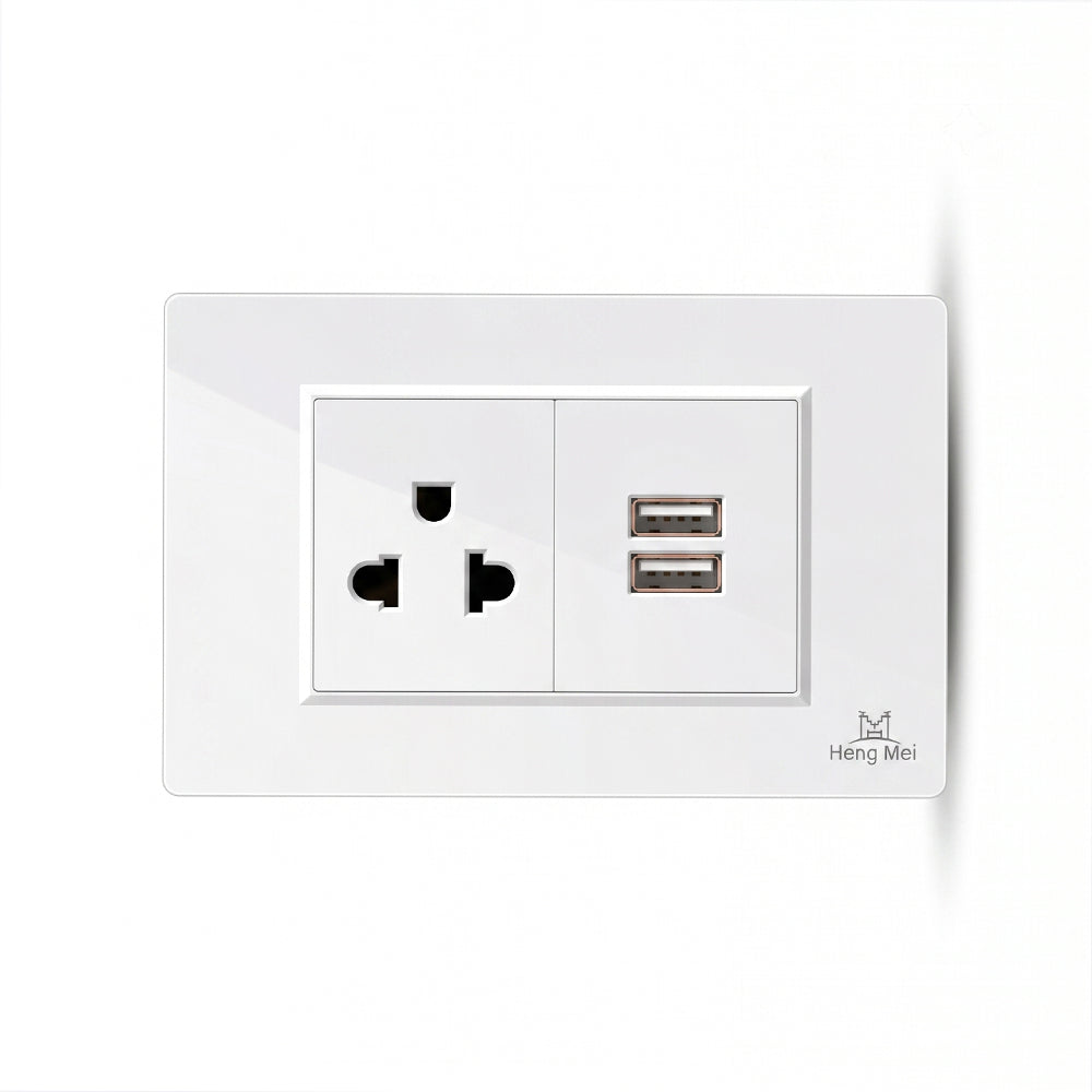 Tomacorriente de Pared Universal Heng Mei con Doble Puerto USB-A 15A 127V-250V Blanco S2254