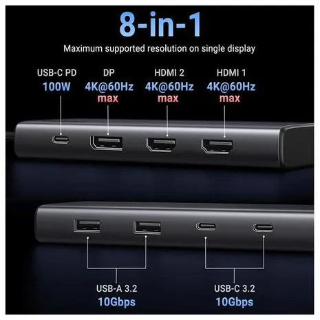 Adaptador Hub USB-C Ugreen Revodok 8 en 1 Triple Pantalla 4K 2x HDMI DisplayPort 10Gbps PD 100W CM639 S2205