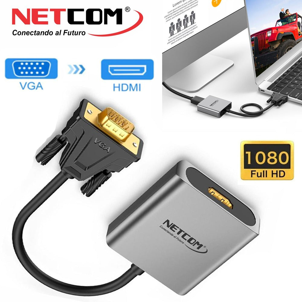 Convertidor VGA macho a HDMI hembra Netcom full HD audio y video 1080P S1139