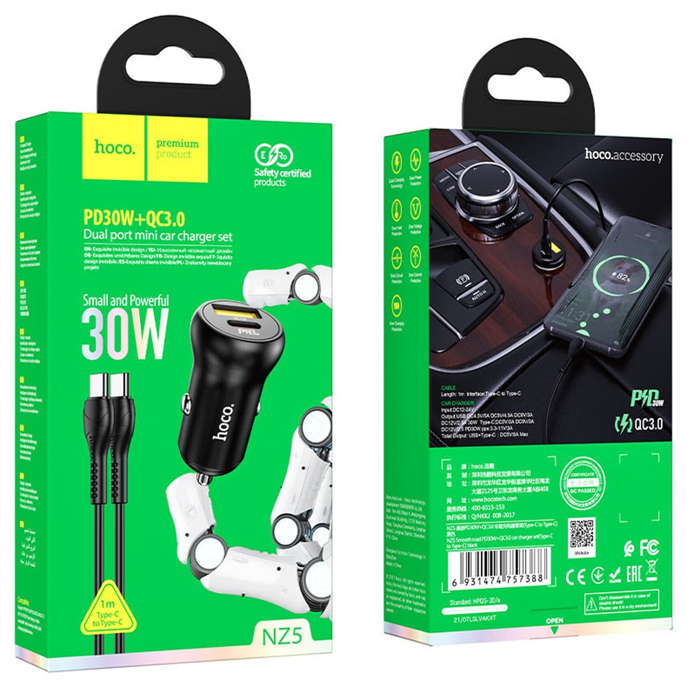 Cargador para Auto Hoco Tipo C USB 30w QC3.0 5A con cable TIPO C S1109