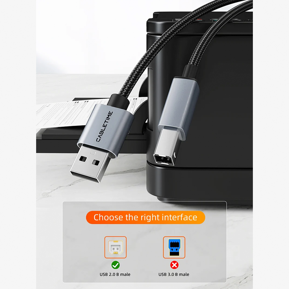 Cable USB 2.0 Tipo A a Tipo B para Impresora y MIDI CABLETIME 2 Metros 480Mbps de Aluminio y Malla Trenzada para Impresoras HP Canon Epson Pianos Digitales y Audio DAC S2367