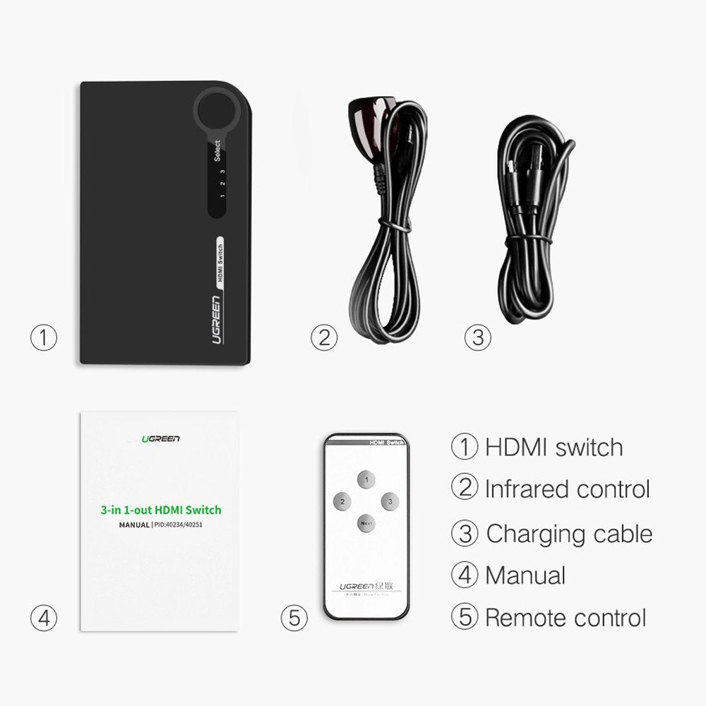 Switch HDMI 3 Puertos 4K 3D HDR UGREEN con Control 3 x 1 60Hz S1630