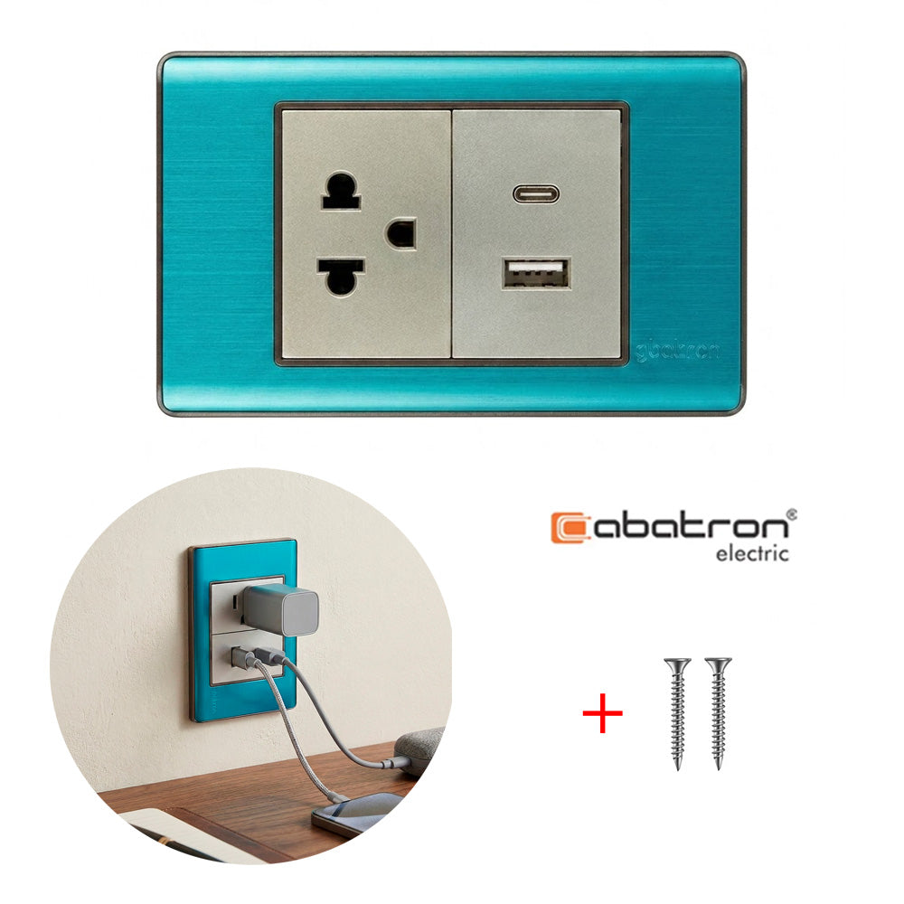 Placa Tomacorriente de Pared con Enchufe USB y Tipo-C ABATRON 15 AMP s2093