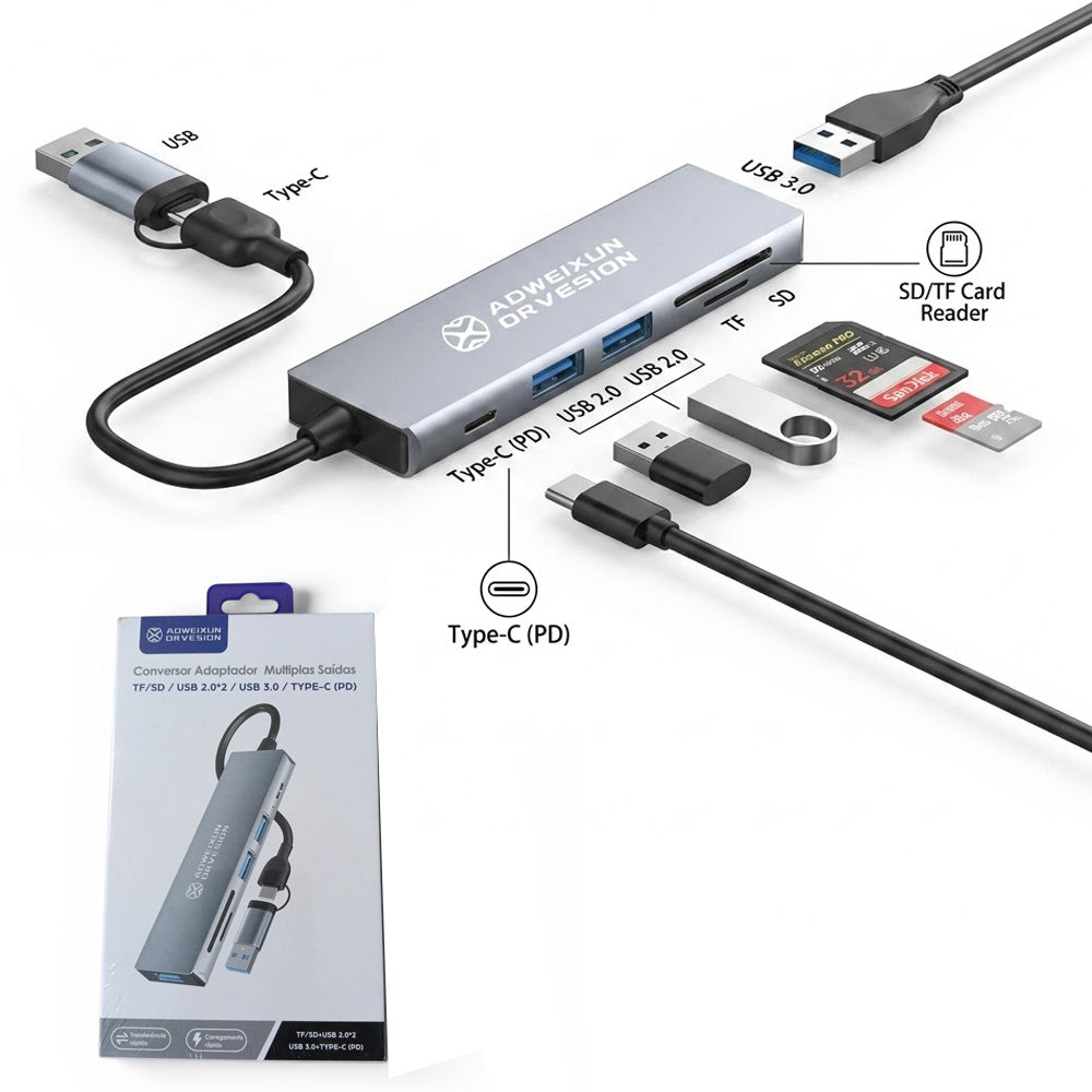 Hub Adaptador Multipuertos 6 en 1 (Tipo-C y USB a USB 3.0, SD/TF y PD 100W) s2033