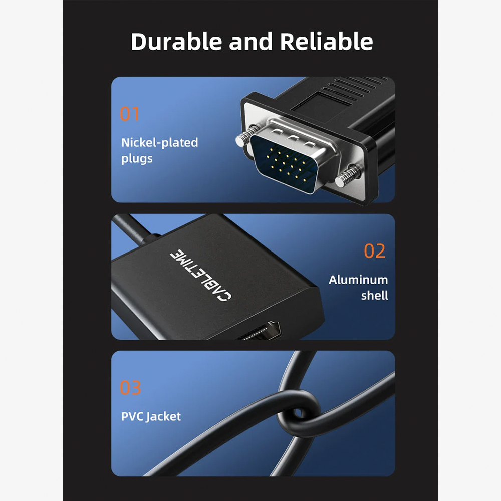 Adaptador Conversor VGA a HDMI CABLETIME 1080P 60Hz Activo Unidireccional con Audio y Alimentación USB Carcasa de Aluminio Plug & Play para Laptop Antigua PC a Smart TV y Monitor S2369