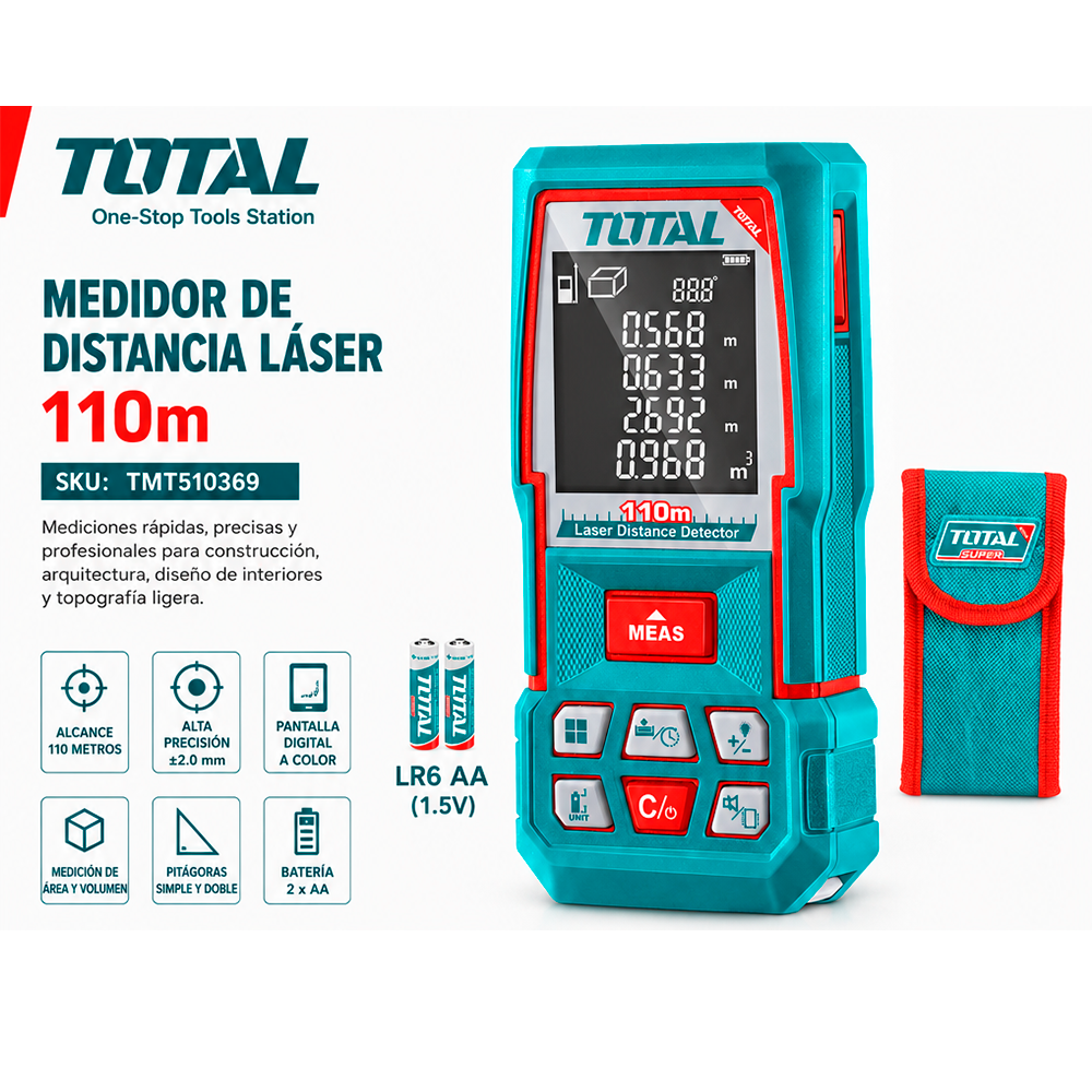 Medidor de Distancia Láser TOTAL 110m Telémetro Digital Industrial Precisión ±2mm Sensor de Inclinación Vibración Pantalla LCDS2308