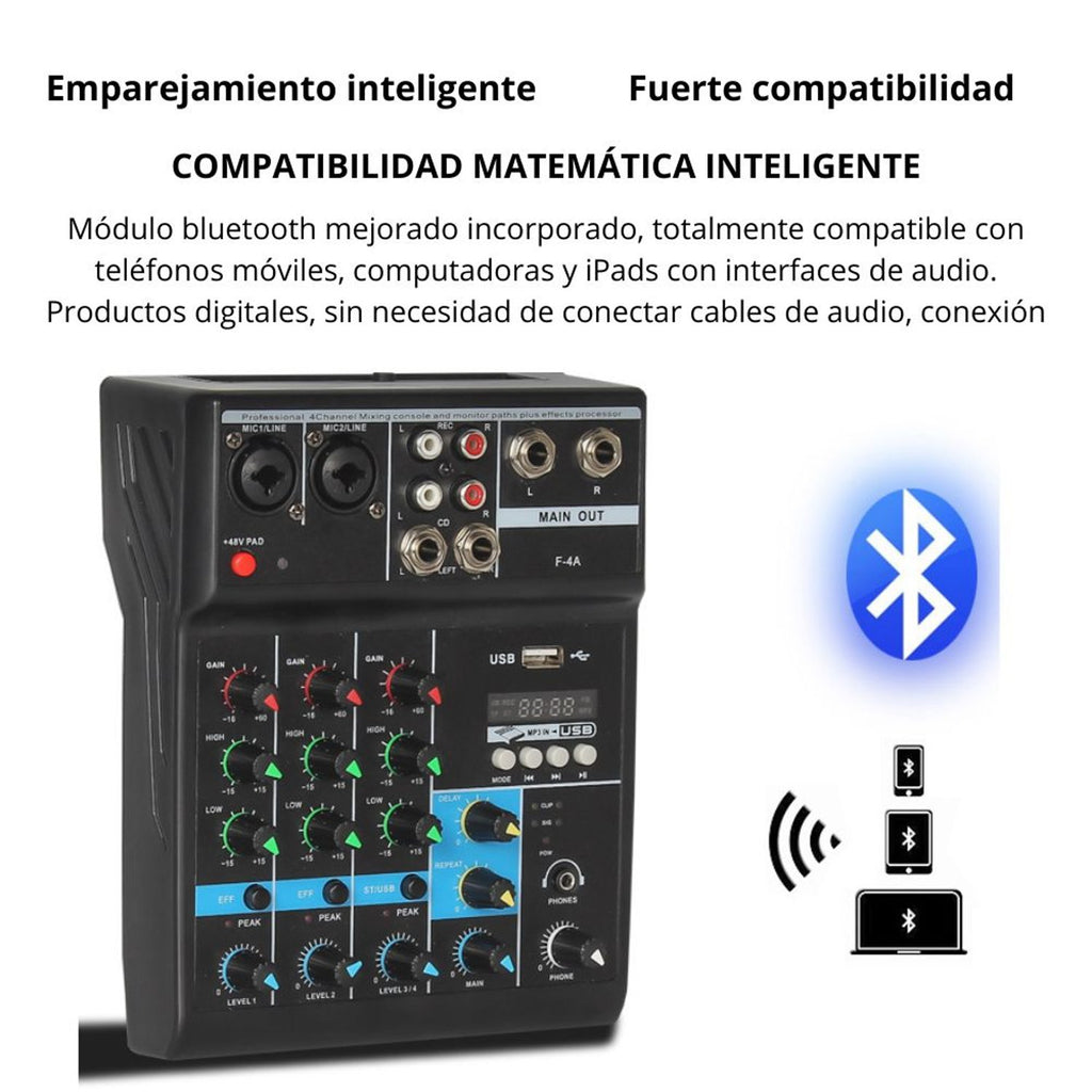 Consola Mezcladora de Audio Profesional 4 Canales Bluetooth USB Phantom +48V Tarjeta de Sonido F-4A s2256