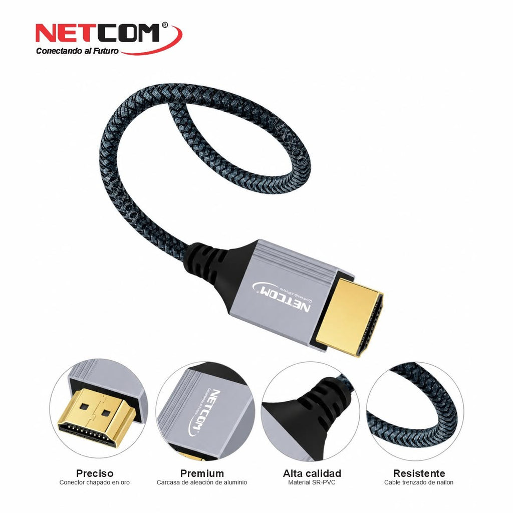 Cable HDMI 2.0 90° NETCOM 1.80m Ultra Delgado 4K 60Hz 18Gbps HDR Trenzado s2259