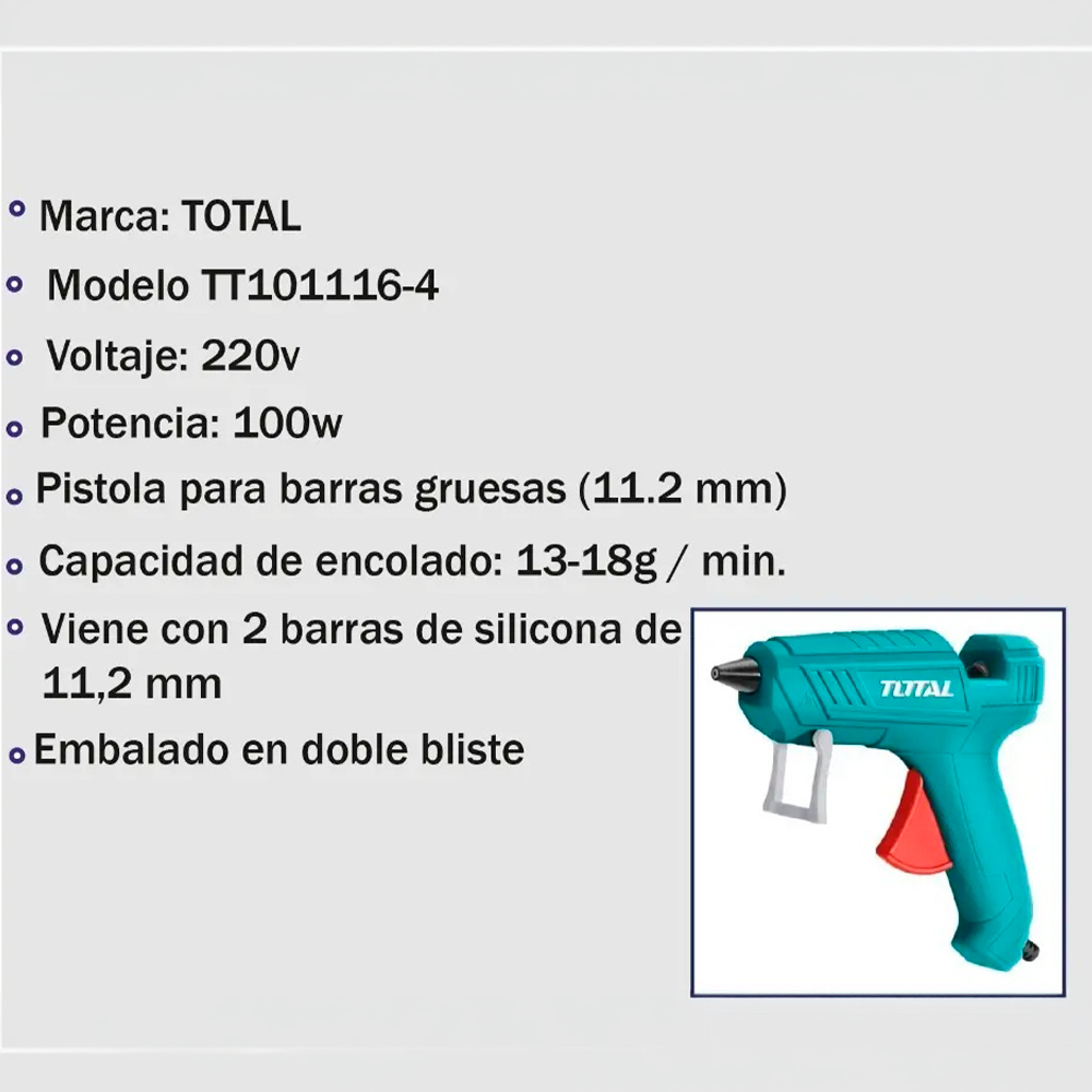 Pistola de Silicona Caliente TOTAL 150W 220V para Barras de 11mm con Boquilla Antigoteo y 2 Barras TT101116 S2322