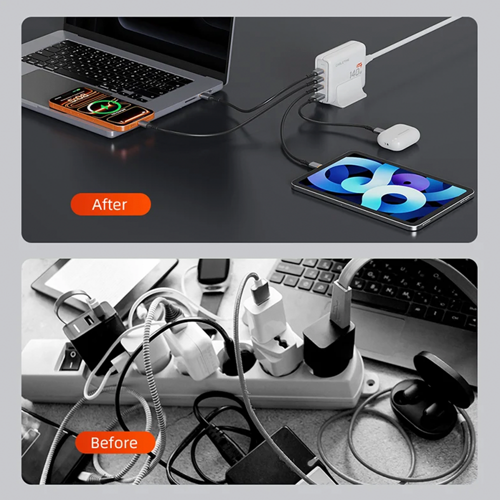 Estación de Carga de Escritorio CABLETIME 140W GaN 4 en 1 Cargador Rápido USB-C PD 3.1 con Base Soporte y Cable de 1.5m CT-GAN140-PWE S2343
