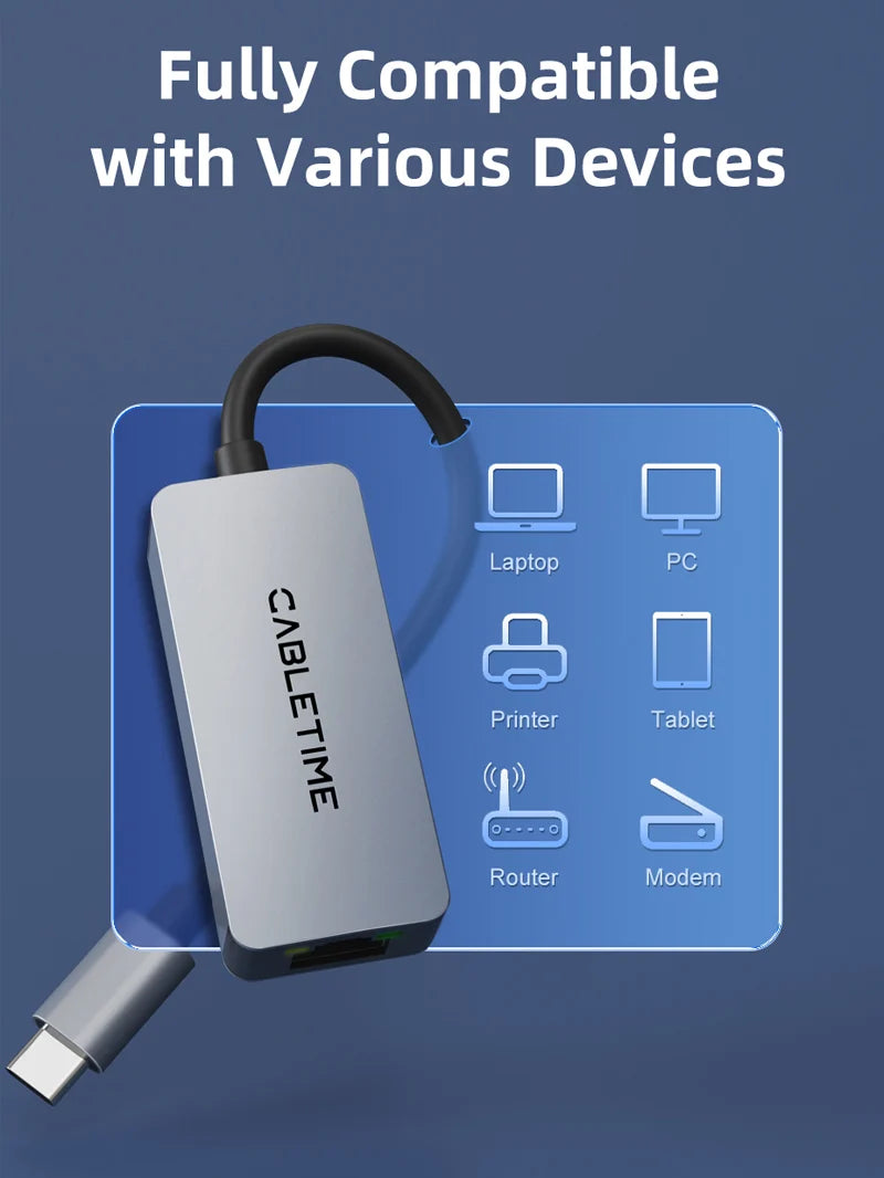 Adaptador USB-C a Red Ethernet RJ45 2.5G CABLETIME 2500Mbps Aluminio Plug & Play MacBook PC s2264